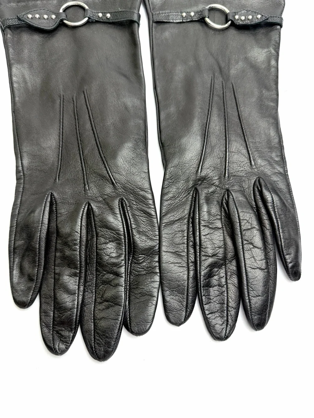 Portolano Black Leather Gloves Silk Lined with O-Ring Stud Details size 7,5